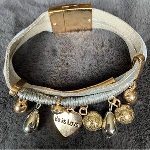 He Is Love Gold & Silver Charms on Gray Layered Leather Bracelet Magnetic Clasp
